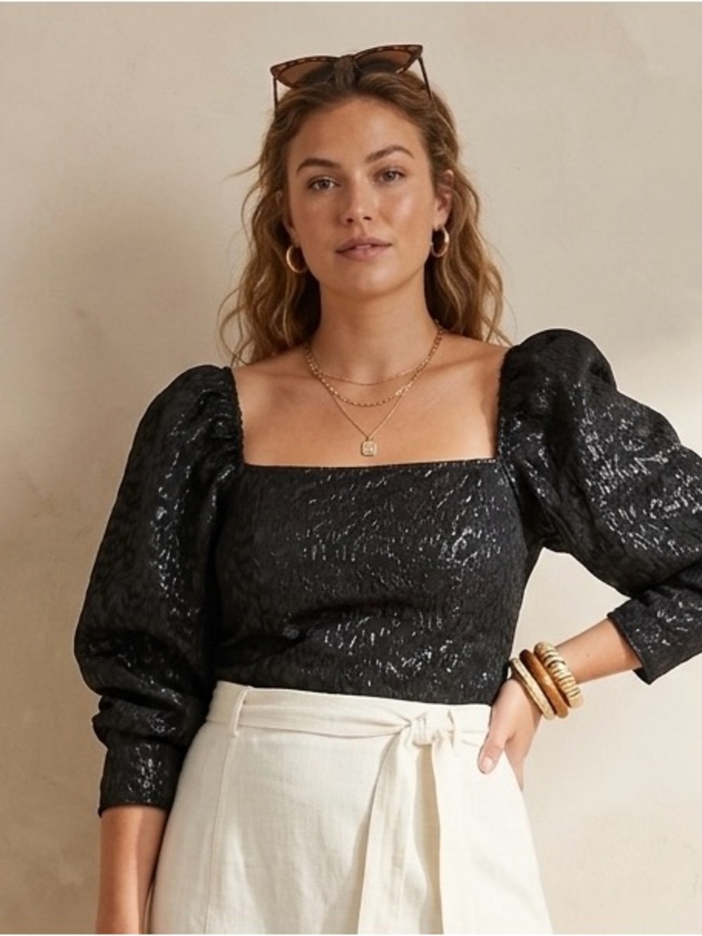 H&M Black Textured Puff Sleeve Top Size XL